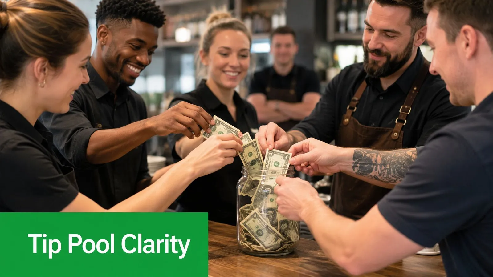 A diverse group of smiling restaurant staff members working together to add cash tips into a glass jar.