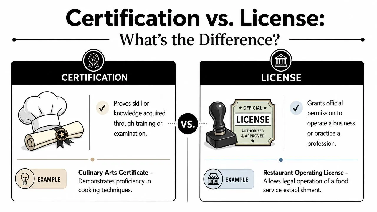 An infographic showing the difference between a professional certification and a government-issued operating license.