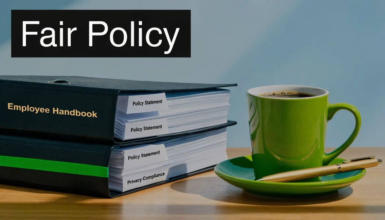 An employee handbook with various policy statement tabs next to a green coffee cup and a pen.