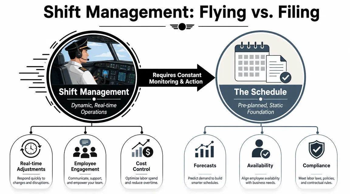 A visual comparison infographic showing shift management as dynamic real-time operations versus the static planned schedule.