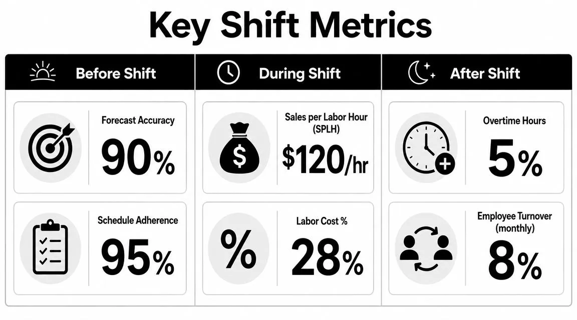 A table showing key shift management metrics for before, during, and after a work shift.