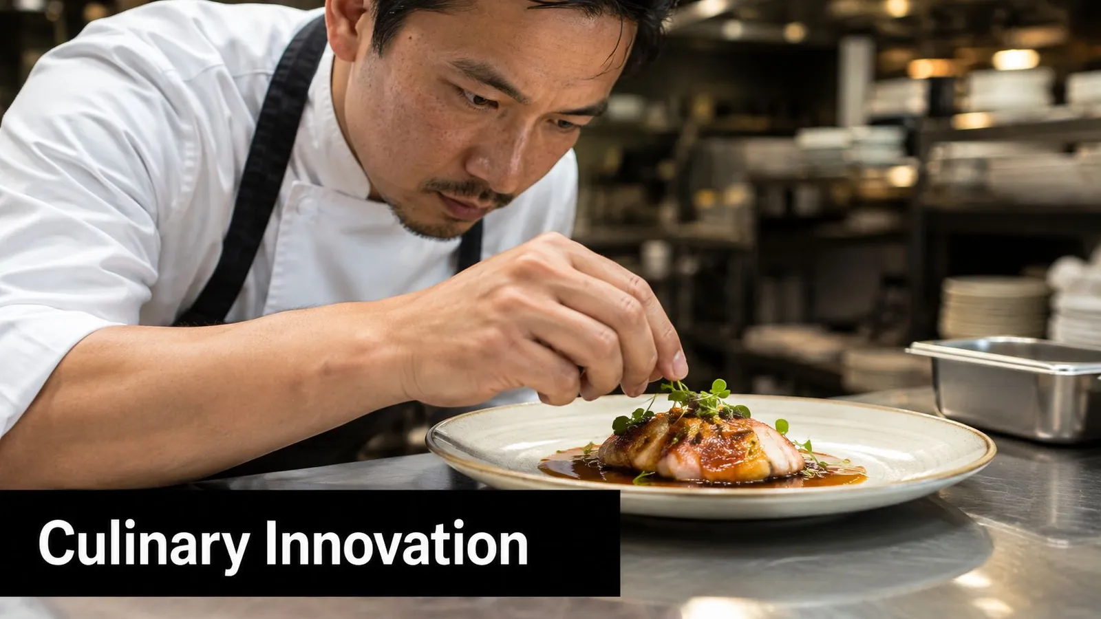 A professional chef carefully garnishes a beautifully plated gourmet dish in a modern restaurant kitchen.