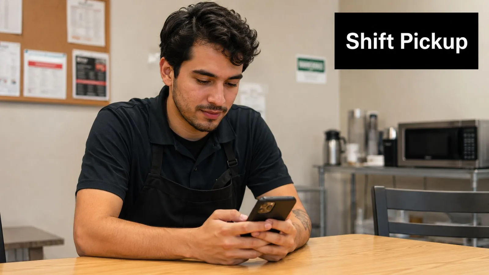 A young employee wearing a work apron sits at a table and uses his smartphone.