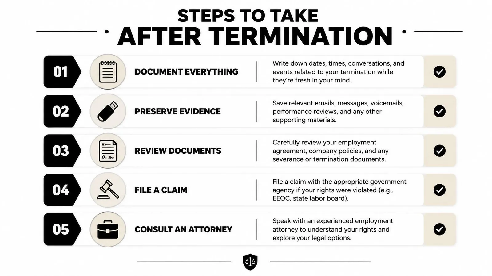 An infographic titled Steps to Take After Termination, listing five essential actions for employees after losing a job.