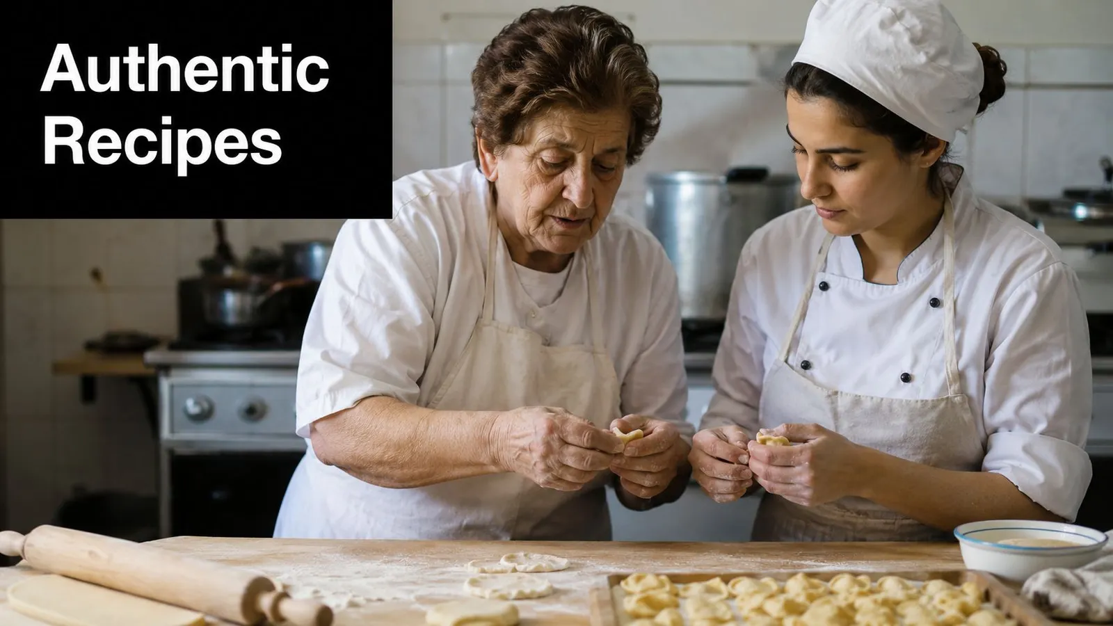 An elderly woman and a younger chef working together to prepare dough in a professional kitchen.