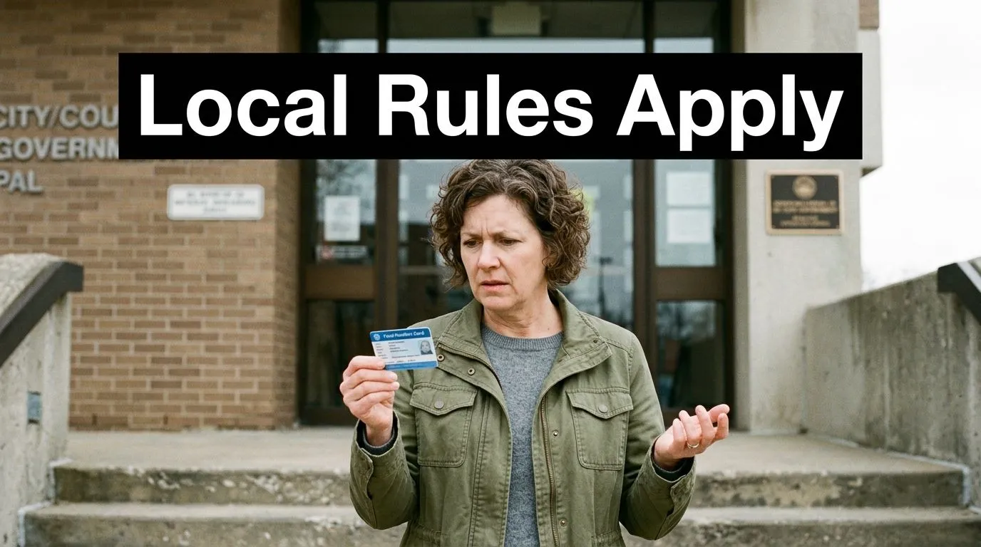 A confused woman standing in front of a government building, holding a blue food certification card.