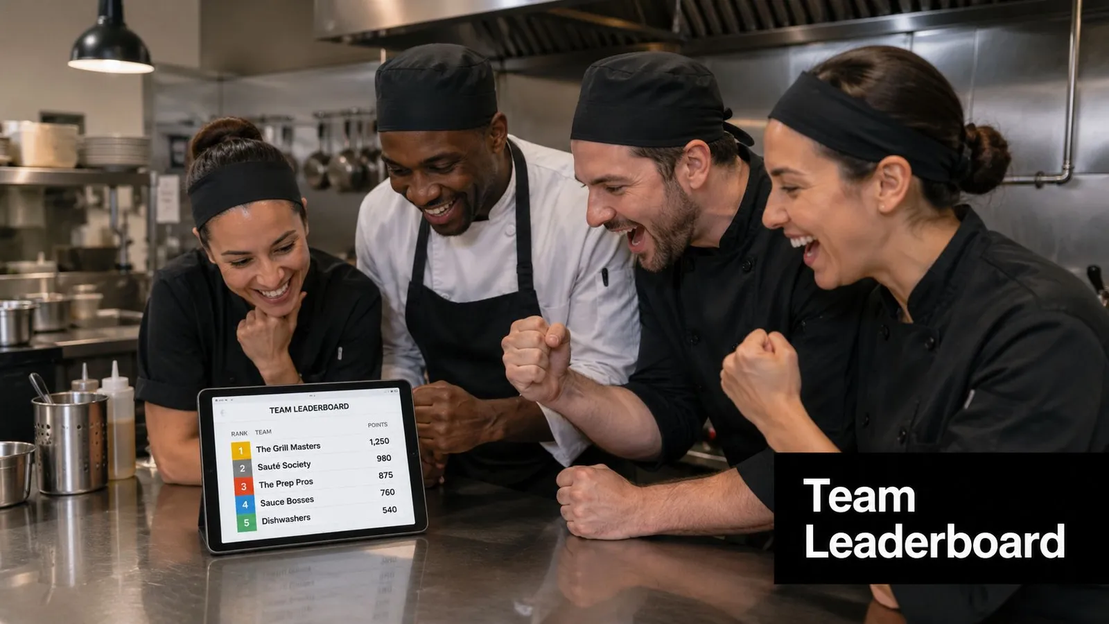 A group of diverse, happy restaurant employees celebrating around a tablet showing a team competition leaderboard.