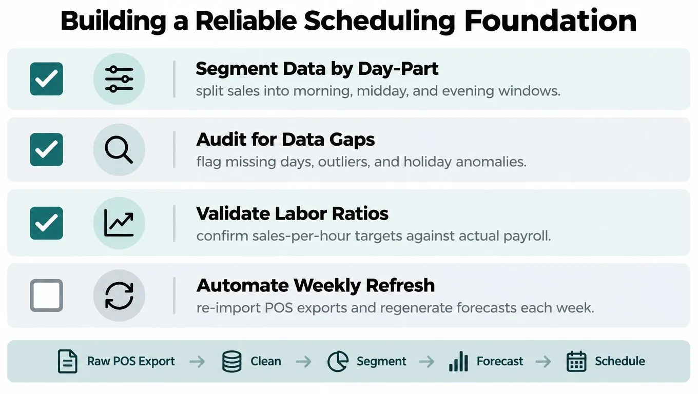 A list of four essential steps for building a reliable scheduling foundation using historical sales data.