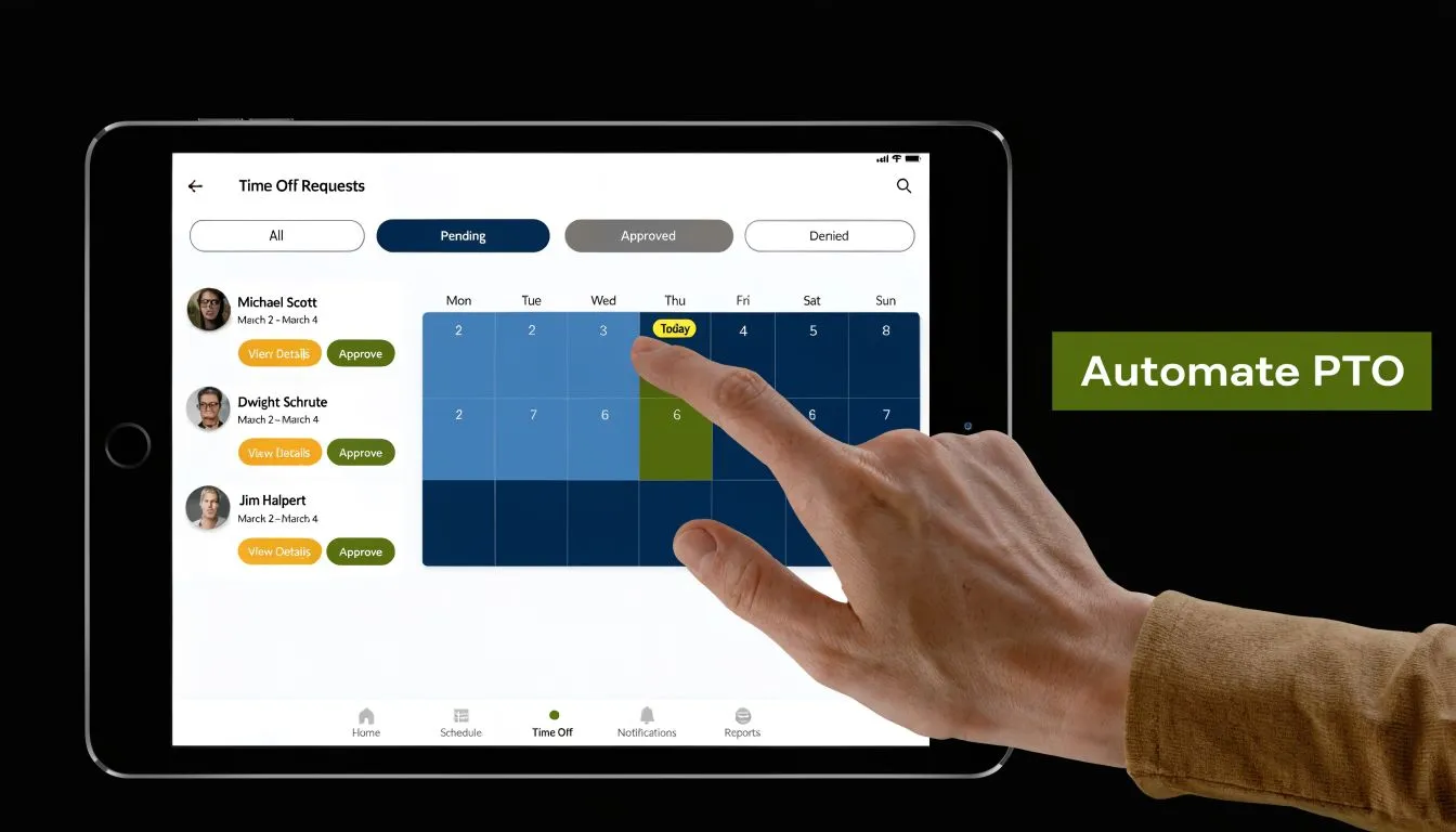 A digital tablet displaying an employee time off management dashboard being touched by a finger.
