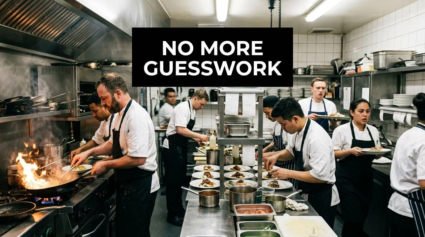 A busy professional restaurant kitchen with chefs preparing dishes while fire flames rise from a sauté pan.