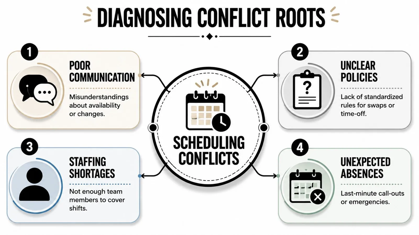 A diagram outlining the four primary causes of scheduling conflicts including communication, policy, staffing, and absence issues.