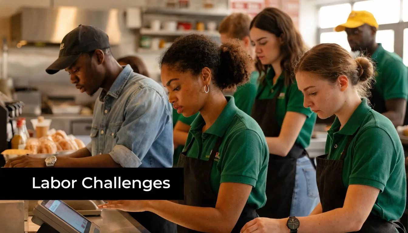 A diverse team of young employees in green uniforms working efficiently in a busy restaurant kitchen.