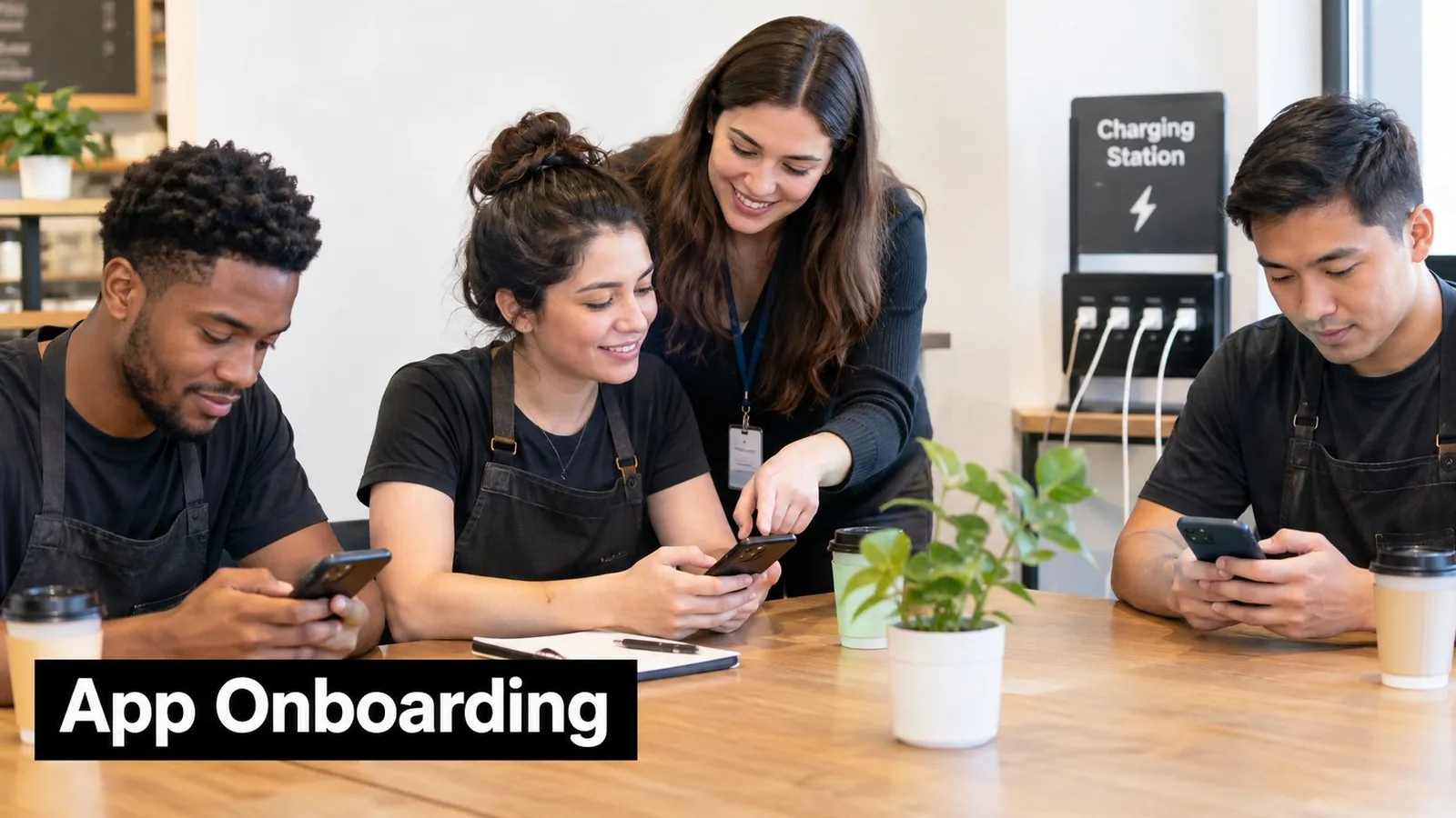 A group of diverse employees wearing black aprons collaborating on a digital app during a coffee shop meeting.