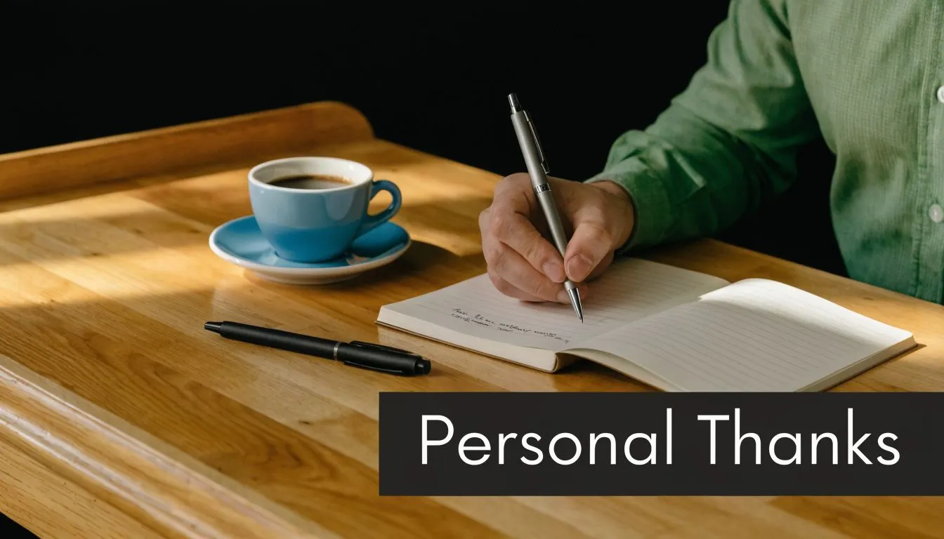 A person writing in a notebook at a wooden desk with a coffee cup and pens.