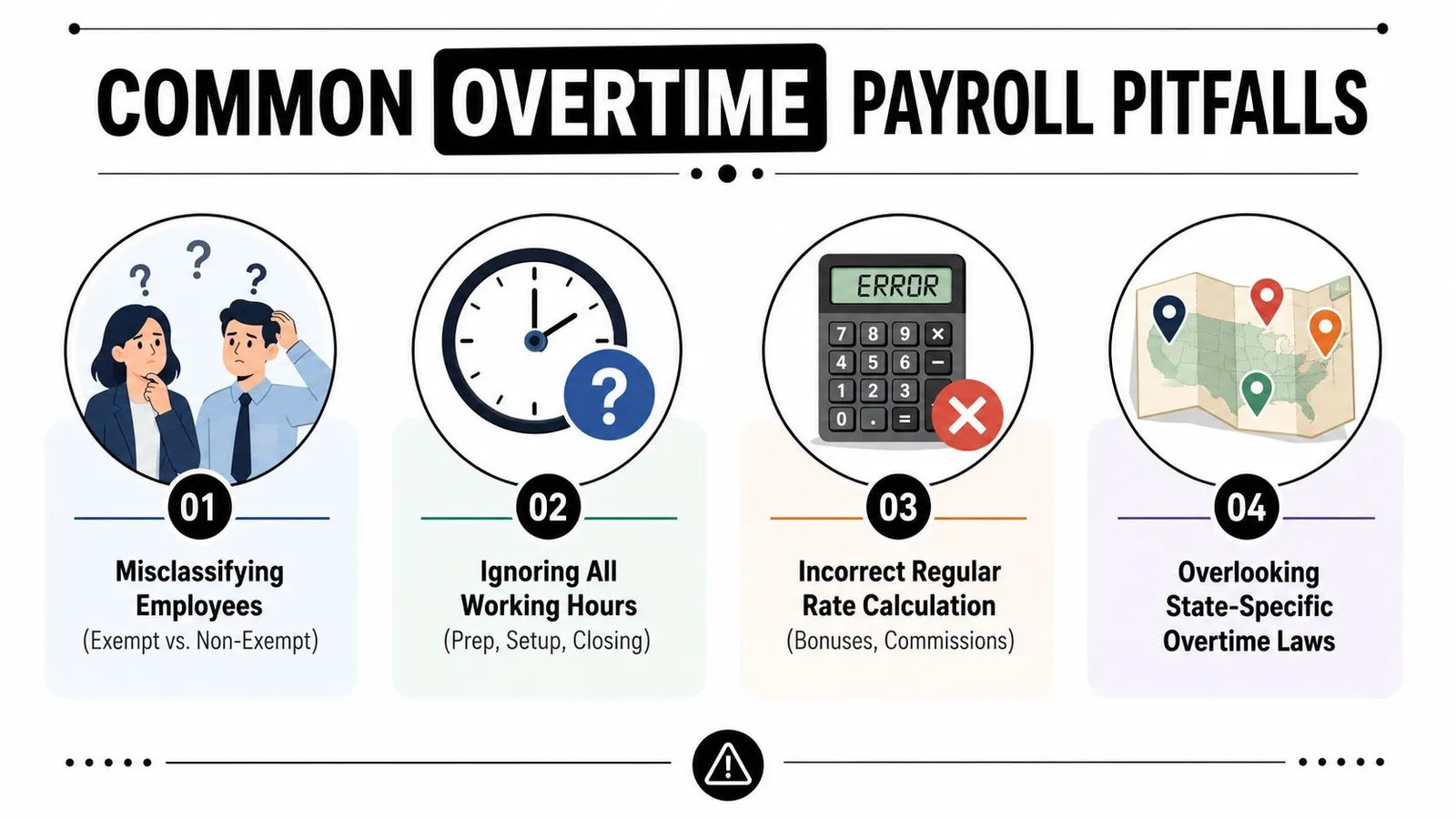 An infographic titled Common Overtime Payroll Pitfalls illustrating four common mistakes businesses make when calculating employee overtime pay.