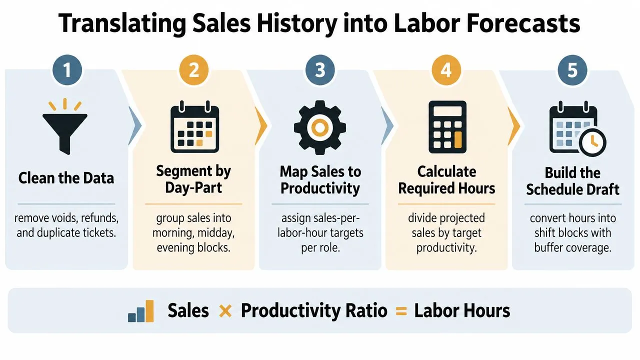 A five-step infographic showing the process of translating historical sales data into accurate staff labor forecasts.
