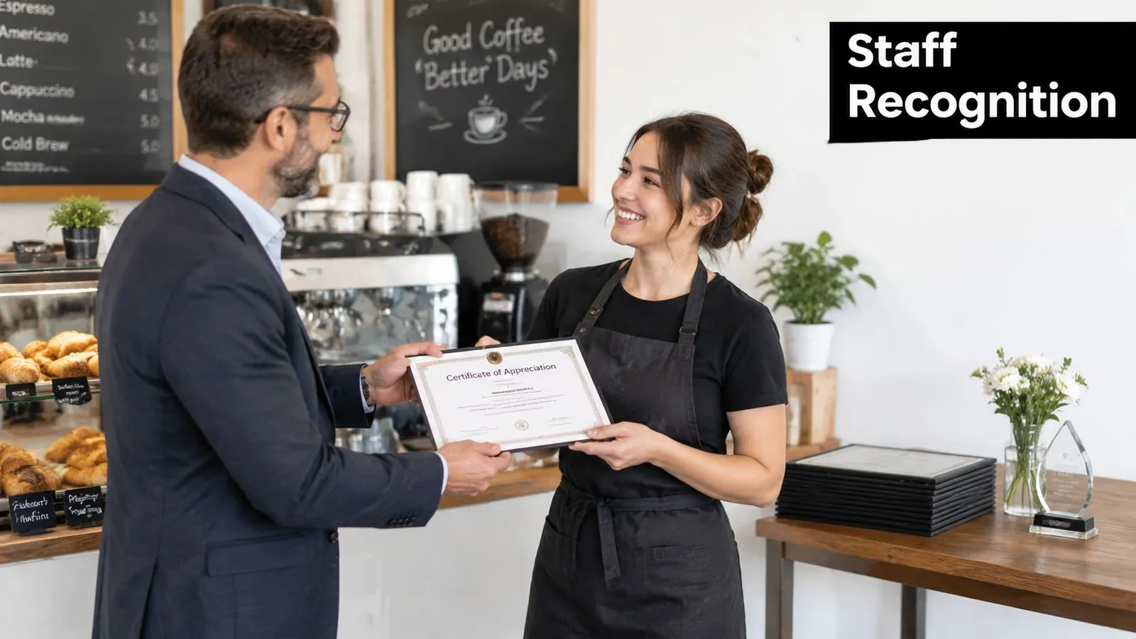 A manager in a suit hands a certificate of appreciation to a smiling barista at a cafe.