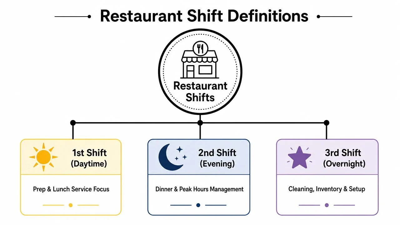 An infographic defining restaurant shifts including 1st shift for daytime, 2nd for evening, and 3rd for overnight.
