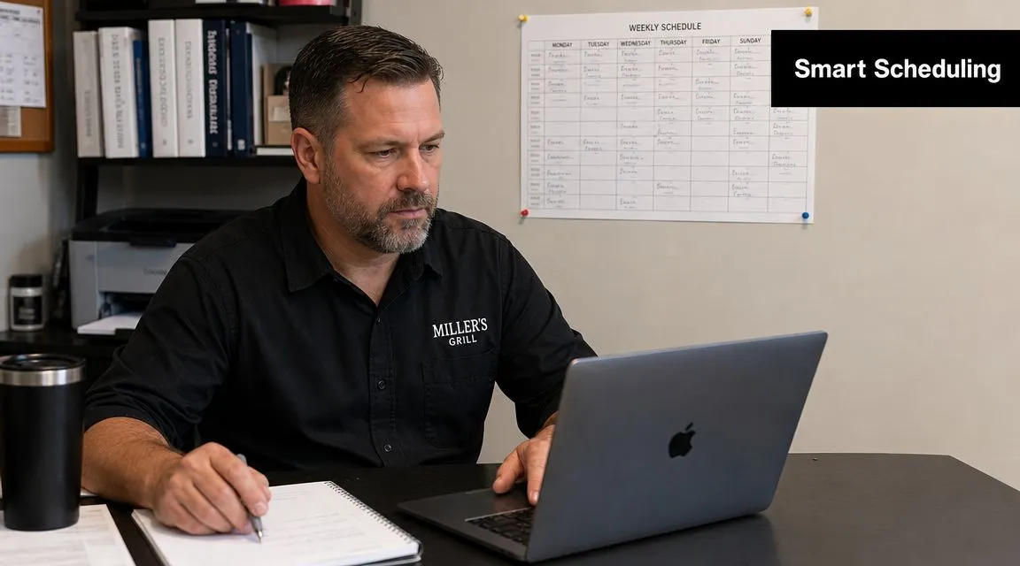 A restaurant manager working on a laptop and taking notes to plan shifts for his staff.