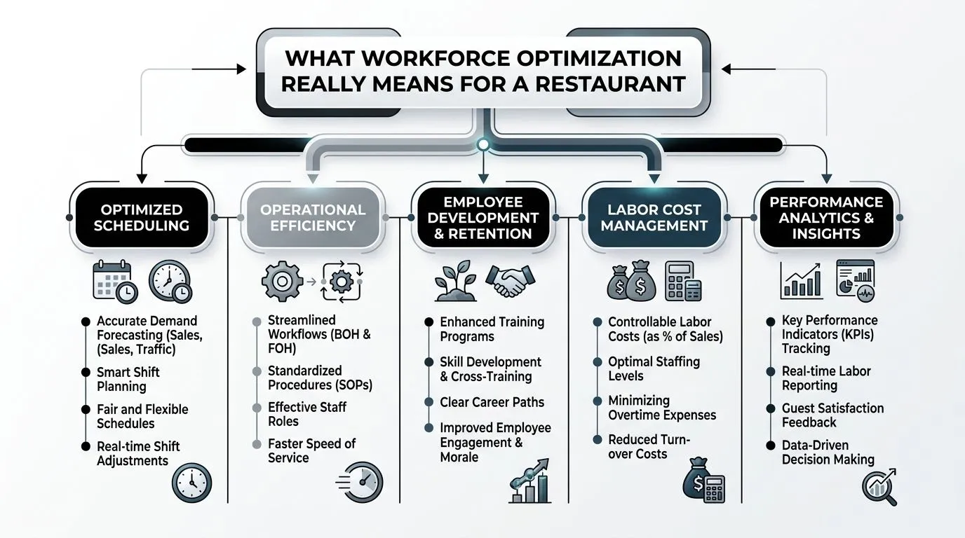 An infographic showing five key components of workforce optimization for restaurant management and business efficiency.