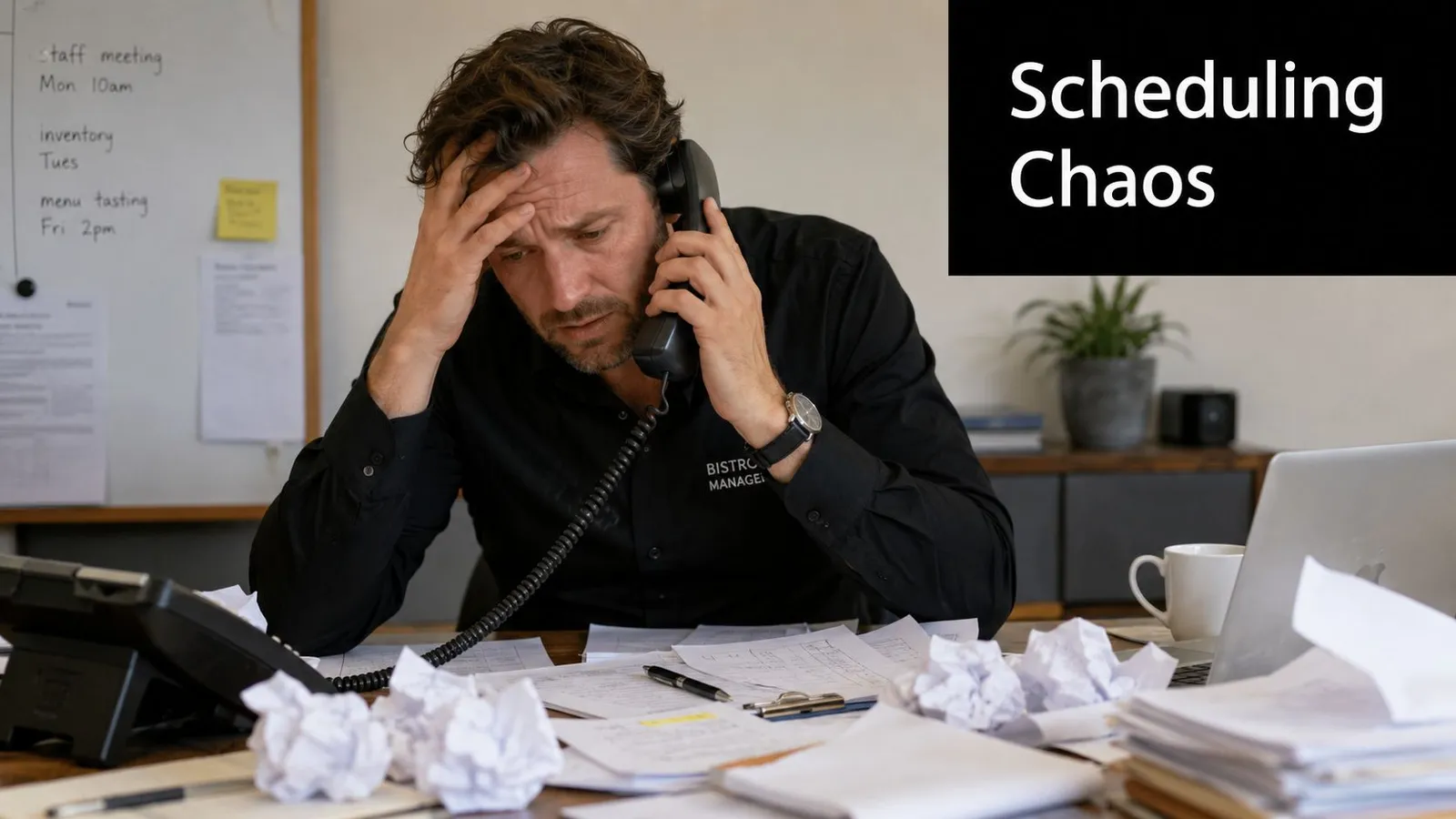 A stressed restaurant manager on the phone looking at cluttered documents and crumpled paper at his desk.