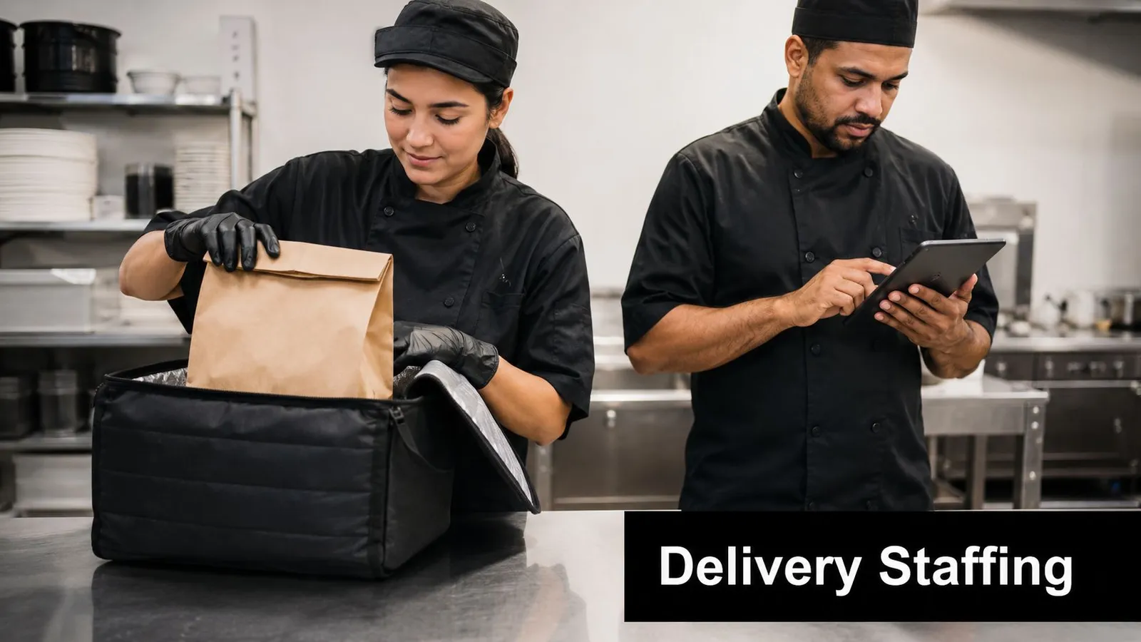 A male and female restaurant employee in black uniforms preparing food orders for delivery.
