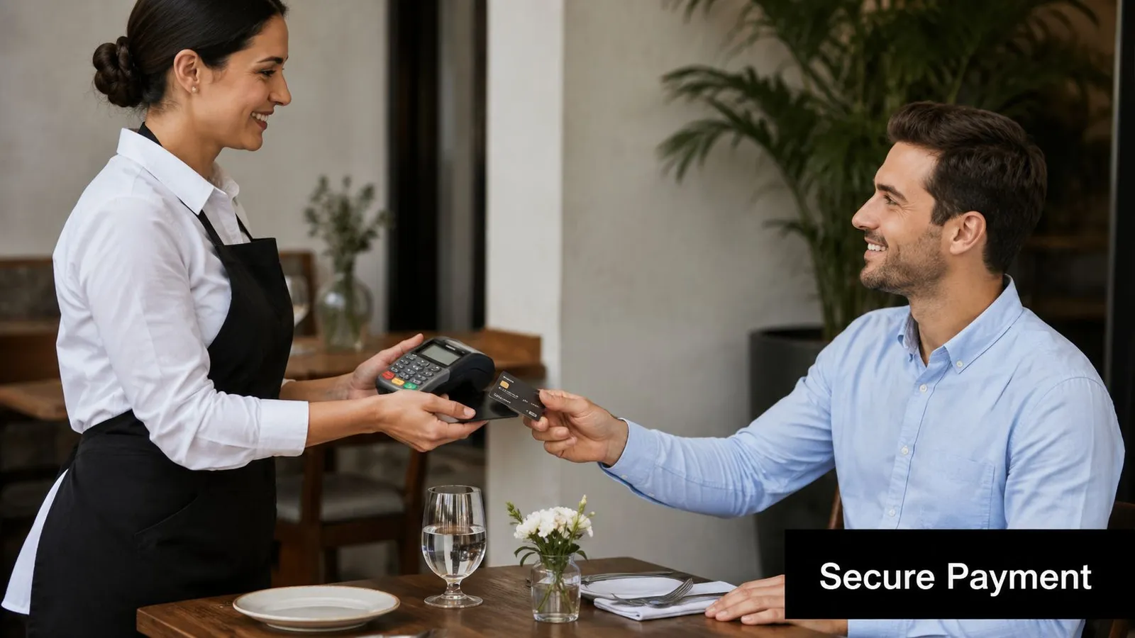 A smiling waiter holding a payment terminal while a male customer pays with a credit card.
