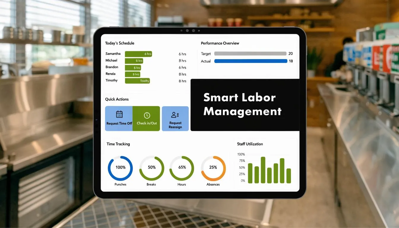 A digital tablet displaying a smart labor management dashboard for a quick service restaurant environment.