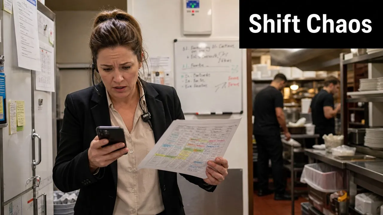 A stressed restaurant manager using a smartphone and looking at a printed schedule during a busy shift.