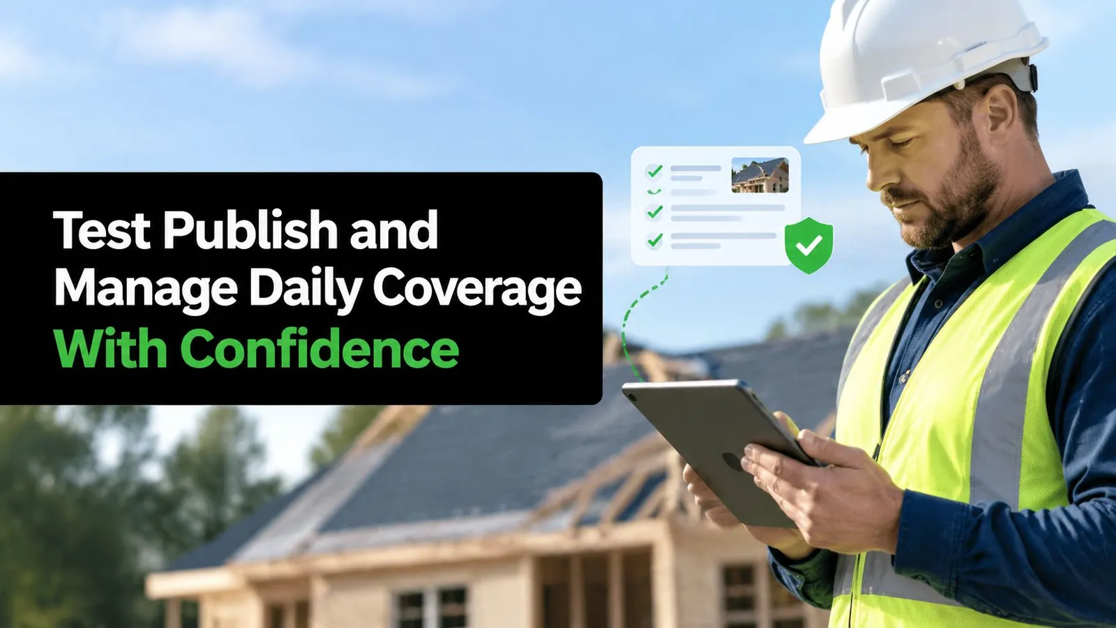 A construction manager in a hard hat using a tablet at a house building site.